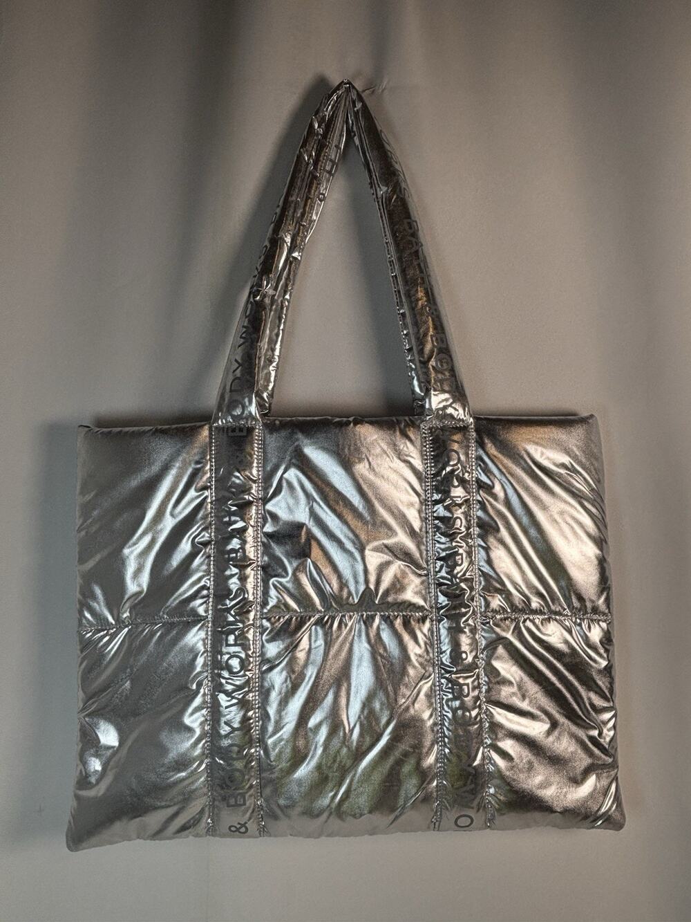 NWT Bath & Body Works Quilted Silver Puffy 14" Shoulder Tote Bag Fun Flashy
